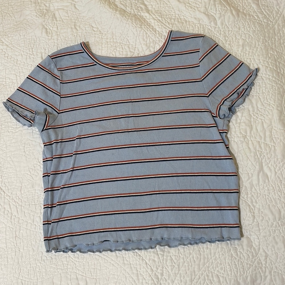 American Eagle Blue Striped Cropped Tee with Ruffle Sleeves